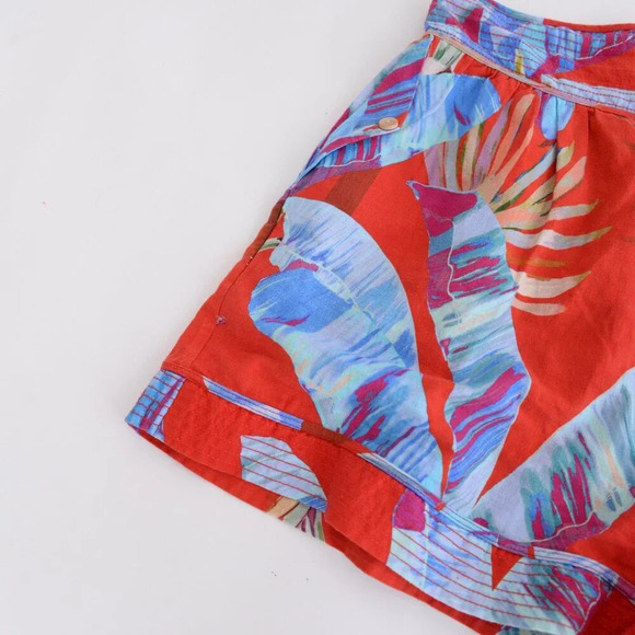 Farm Rio Red & Blue Floral Palm Tree 55% Linen Pull On High Waisted Shorts S - Picture 7 of 11